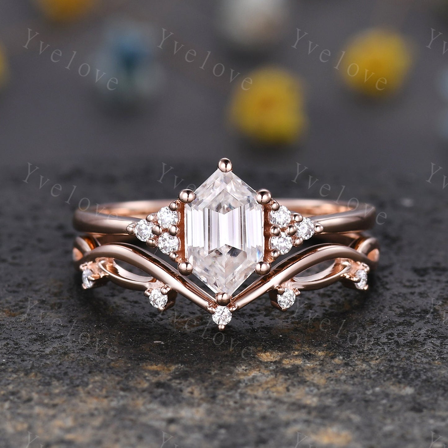 Retro hexagon Moissanite Ring,Vintage Moissanite Ring Set,Unique Moissanite Engagement Ring,Rose Gold Promise Anniversary Ring Gift For Her