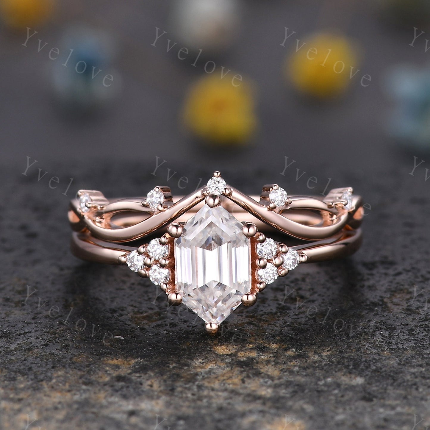 Retro hexagon Moissanite Ring,Vintage Moissanite Ring Set,Unique Moissanite Engagement Ring,Rose Gold Promise Anniversary Ring Gift For Her