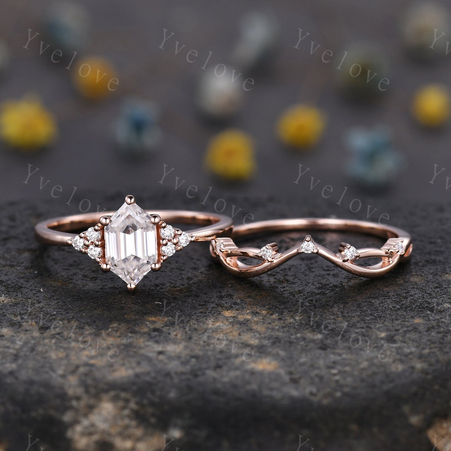 Retro hexagon Moissanite Ring,Vintage Moissanite Ring Set,Unique Moissanite Engagement Ring,Rose Gold Promise Anniversary Ring Gift For Her