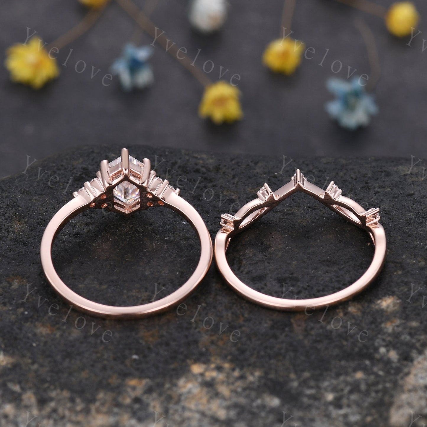 Retro hexagon Moissanite Ring,Vintage Moissanite Ring Set,Unique Moissanite Engagement Ring,Rose Gold Promise Anniversary Ring Gift For Her