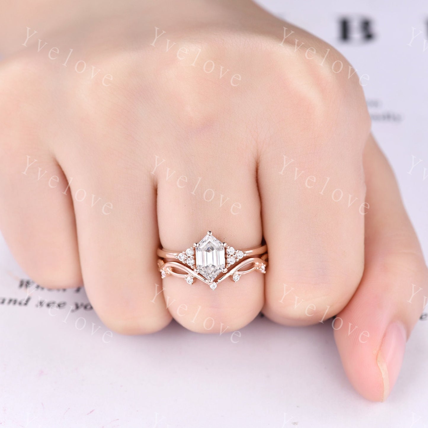 Retro hexagon Moissanite Ring,Vintage Moissanite Ring Set,Unique Moissanite Engagement Ring,Rose Gold Promise Anniversary Ring Gift For Her