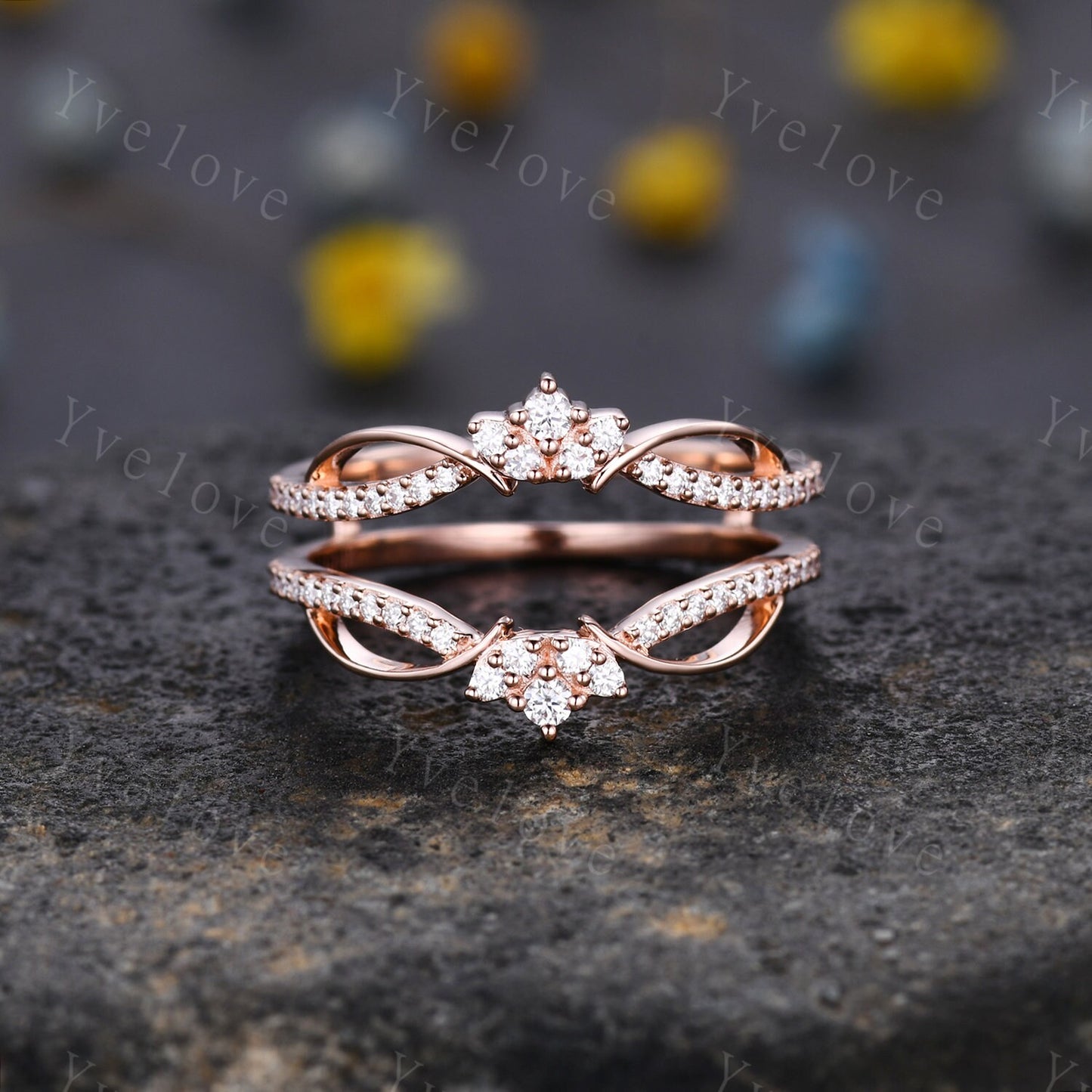 Diamond enhancer wedding band,14k solid gold ring,Double curved enhancer matching band,Floral personalized ring,Women anniversary gift ring