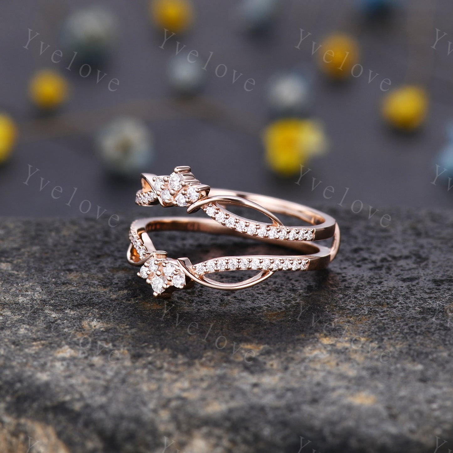 Diamond enhancer wedding band,14k solid gold ring,Double curved enhancer matching band,Floral personalized ring,Women anniversary gift ring