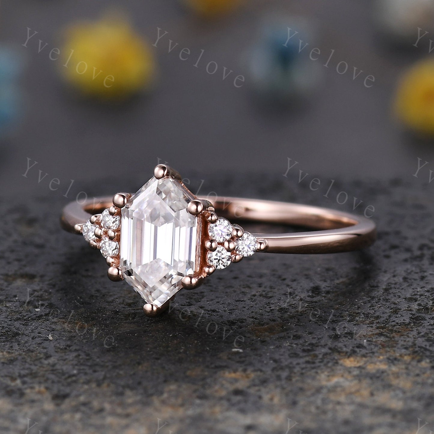 Retro hexagon Moissanite Ring,Vintage Moissanite Ring,Unique Diamond Engagement Ring,Rose Gold Promise Ring,Anniversary Ring Gift For Her