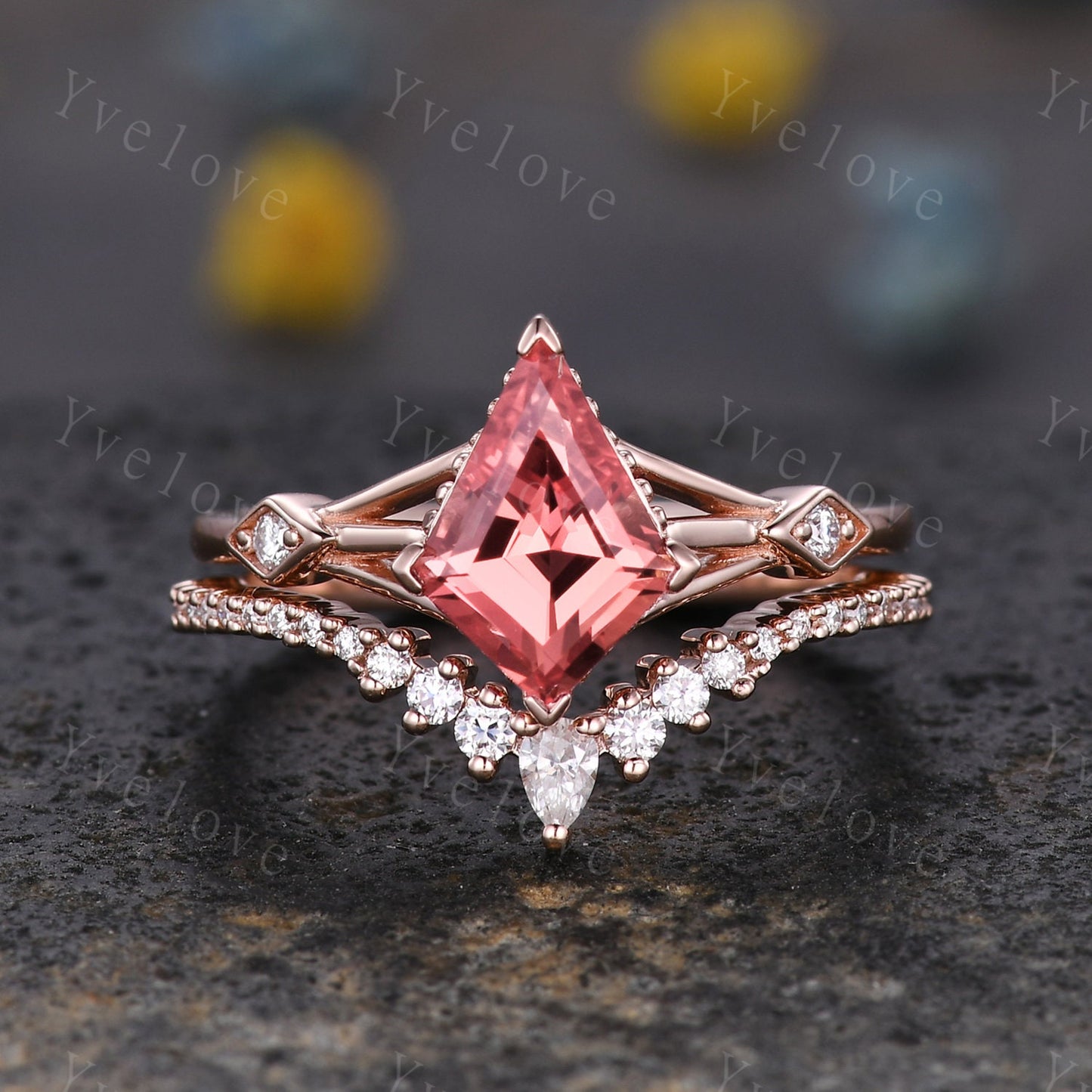 Vintage Kite Padparadscha Sapphire engagement ring set,art deco diamond women ring,Rose gold promise ring anniversary gift bridal ring