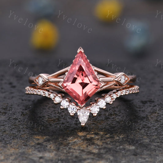 Vintage Kite Padparadscha Sapphire engagement ring set,art deco diamond women ring,Rose gold promise ring anniversary gift bridal ring