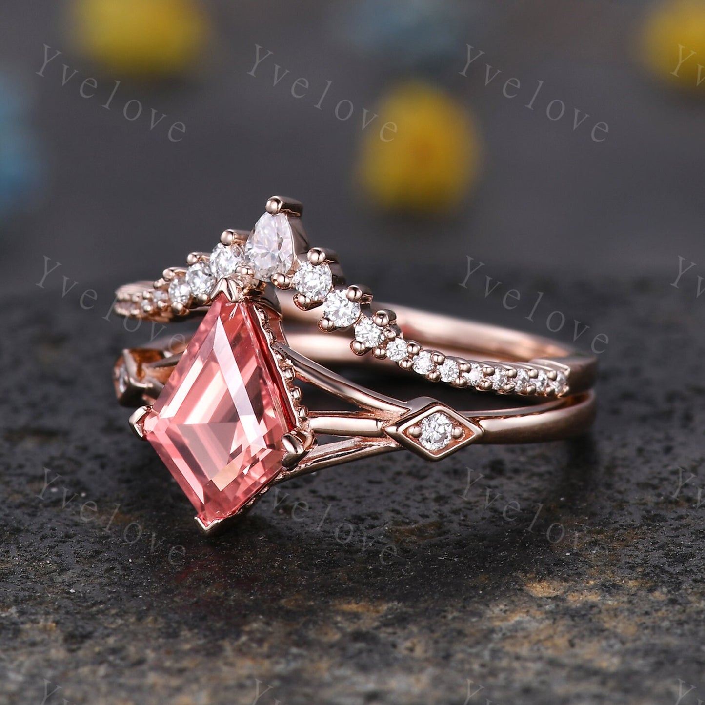 Vintage Kite Padparadscha Sapphire engagement ring set,art deco diamond women ring,Rose gold promise ring anniversary gift bridal ring