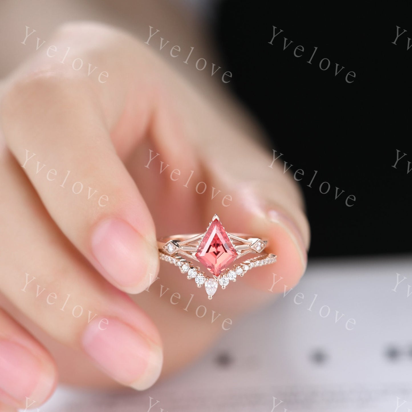 Vintage Kite Padparadscha Sapphire engagement ring set,art deco diamond women ring,Rose gold promise ring anniversary gift bridal ring