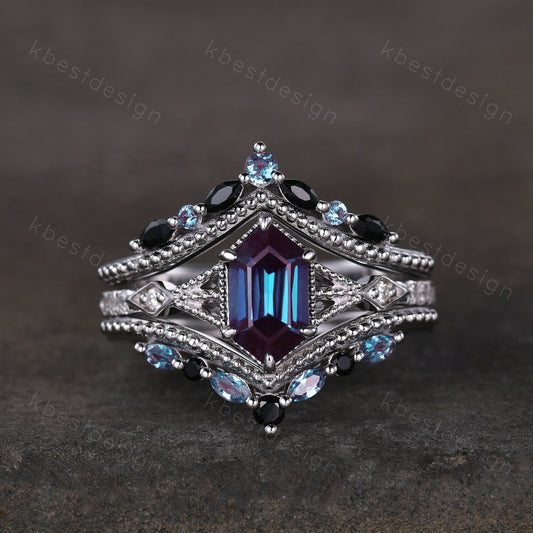 Vintage Alexandrite engagement ring Set Unique art deco milgrain engagement ring Double curved Black Spinel wedding band Promise Ring set
