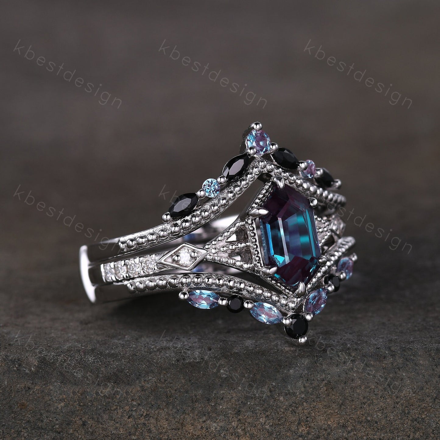 Vintage Alexandrite engagement ring Set Unique art deco milgrain engagement ring Double curved Black Spinel wedding band Promise Ring set