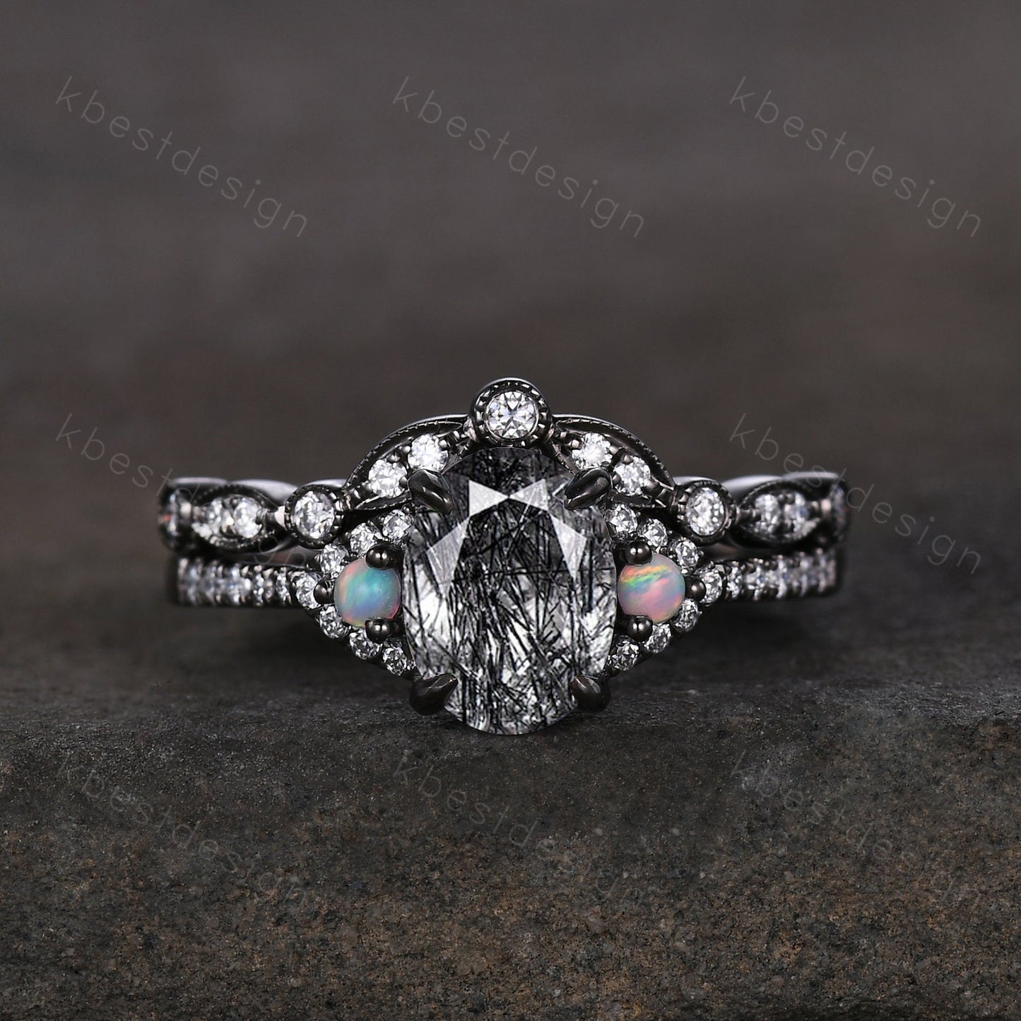 Oval cut Black Rutilated Quartz Engagement Ring Set Vintage Rhodium Black Gold Ring Art Deco Curved Stacking Band Unique Moissanite Ring Set