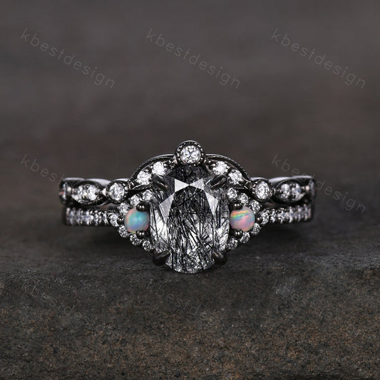 Oval cut Black Rutilated Quartz Engagement Ring Set Vintage Rhodium Black Gold Ring Art Deco Curved Stacking Band Unique Moissanite Ring Set