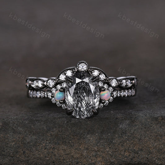 Oval cut Black Rutilated Quartz Engagement Ring Set Vintage Rhodium Black Gold Ring Art Deco Curved Stacking Band Unique Moissanite Ring Set