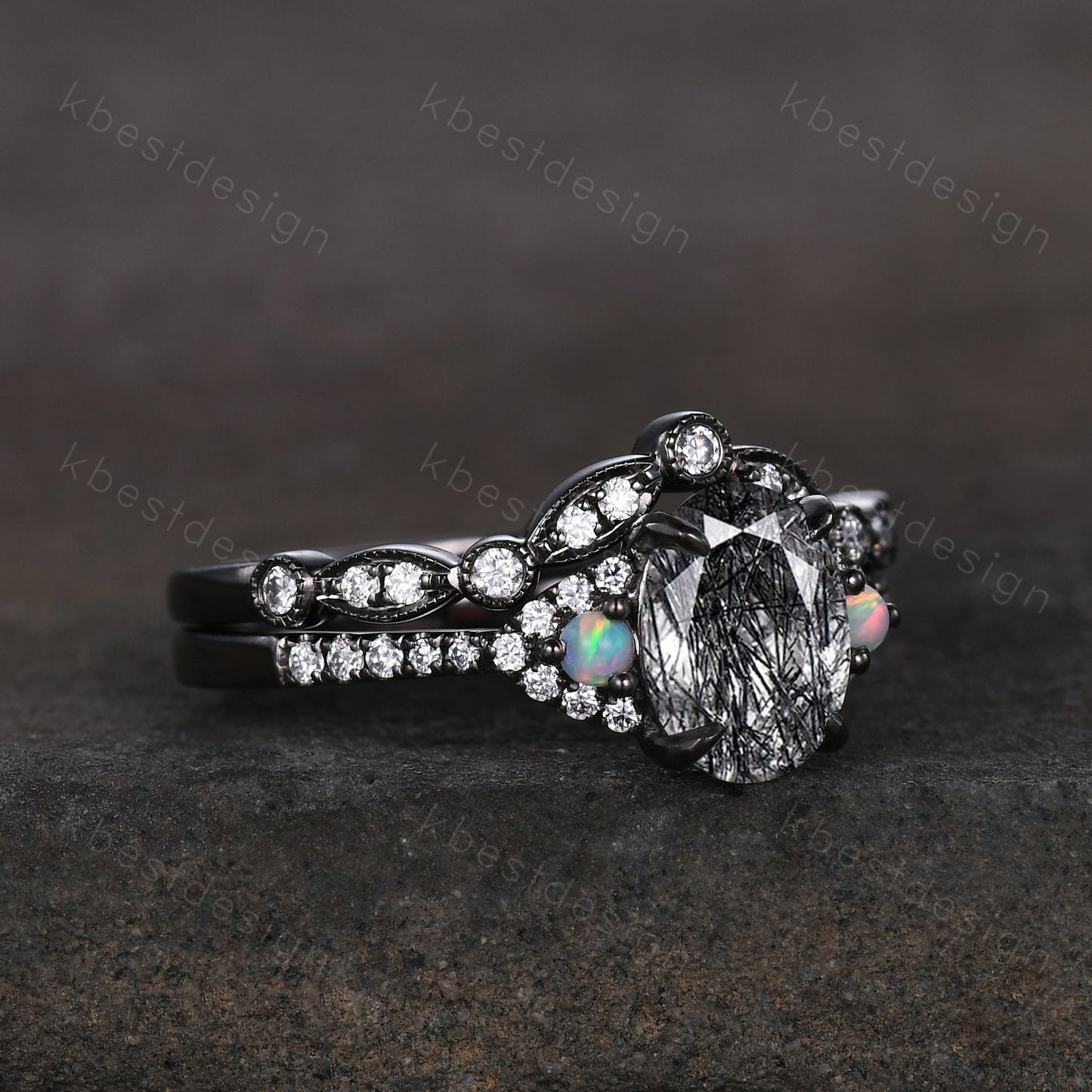 Oval cut Black Rutilated Quartz Engagement Ring Set Vintage Rhodium Black Gold Ring Art Deco Curved Stacking Band Unique Moissanite Ring Set