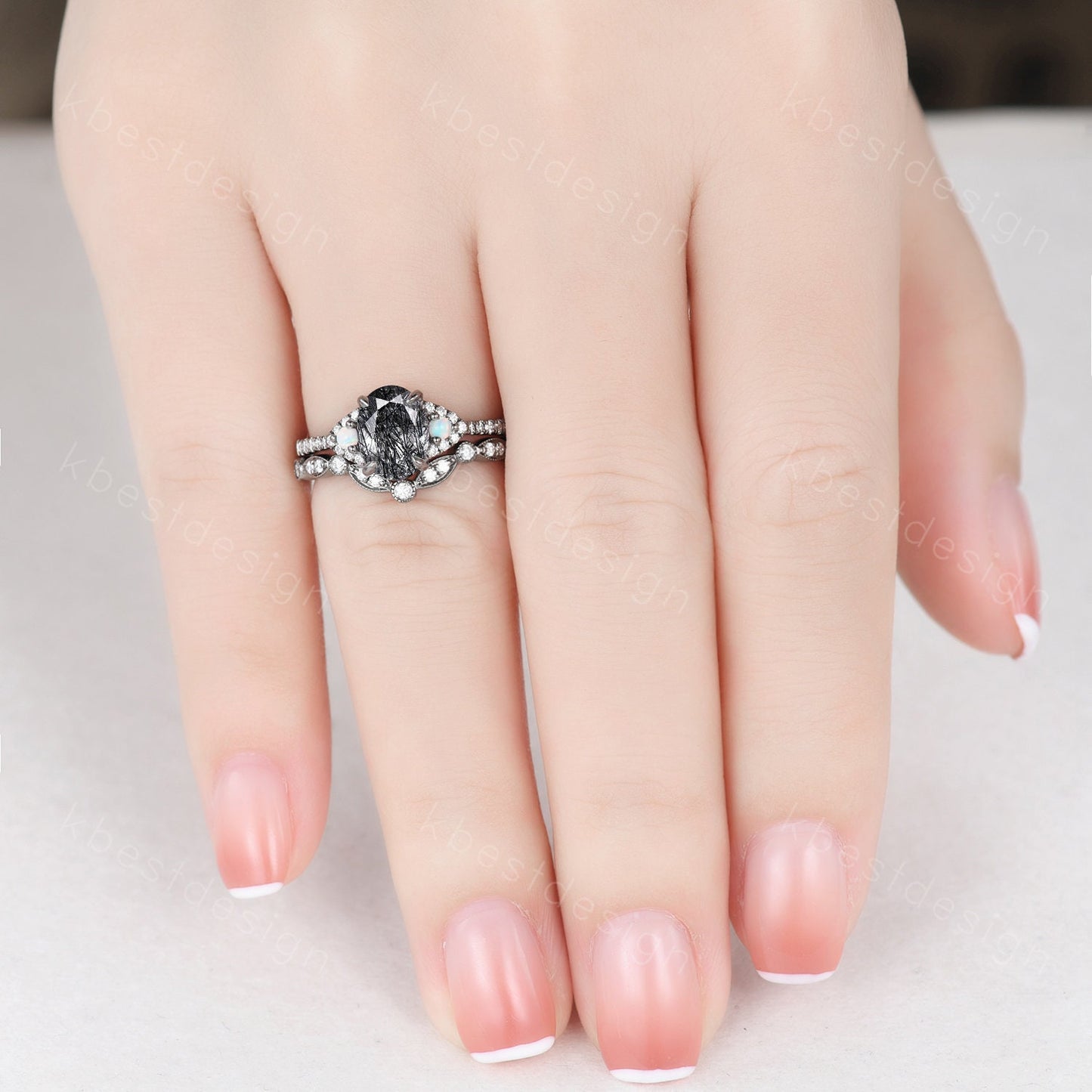 Oval cut Black Rutilated Quartz Engagement Ring Set Vintage Rhodium Black Gold Ring Art Deco Curved Stacking Band Unique Moissanite Ring Set
