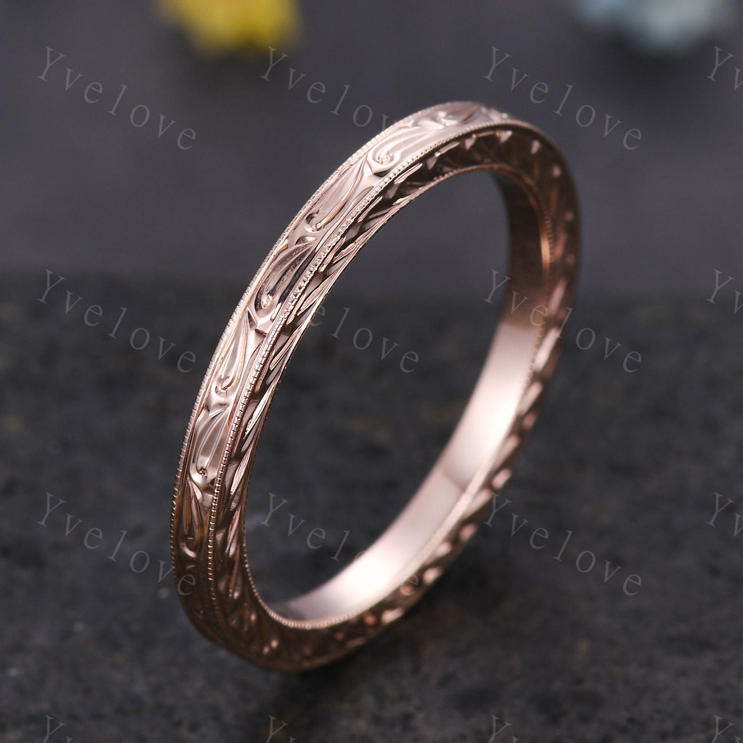 14k Plain Gold Ring Rose Gold Filigree Milgrain Edge Wedding Band Stacking Matching Band Retro Vintage Anniversary Ring Gift for Her