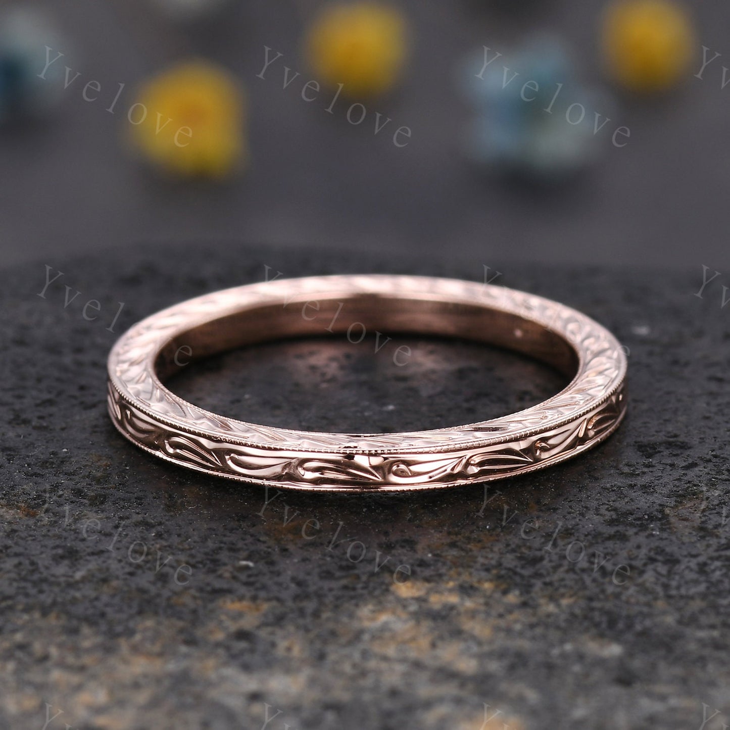 14k Plain Gold Ring Rose Gold Filigree Milgrain Edge Wedding Band Stacking Matching Band Retro Vintage Anniversary Ring Gift for Her