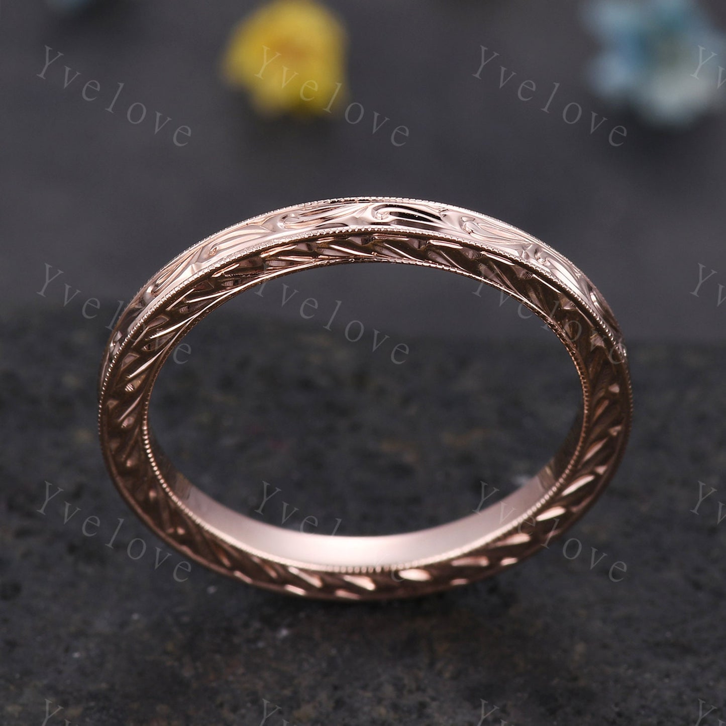 14k Plain Gold Ring Rose Gold Filigree Milgrain Edge Wedding Band Stacking Matching Band Retro Vintage Anniversary Ring Gift for Her