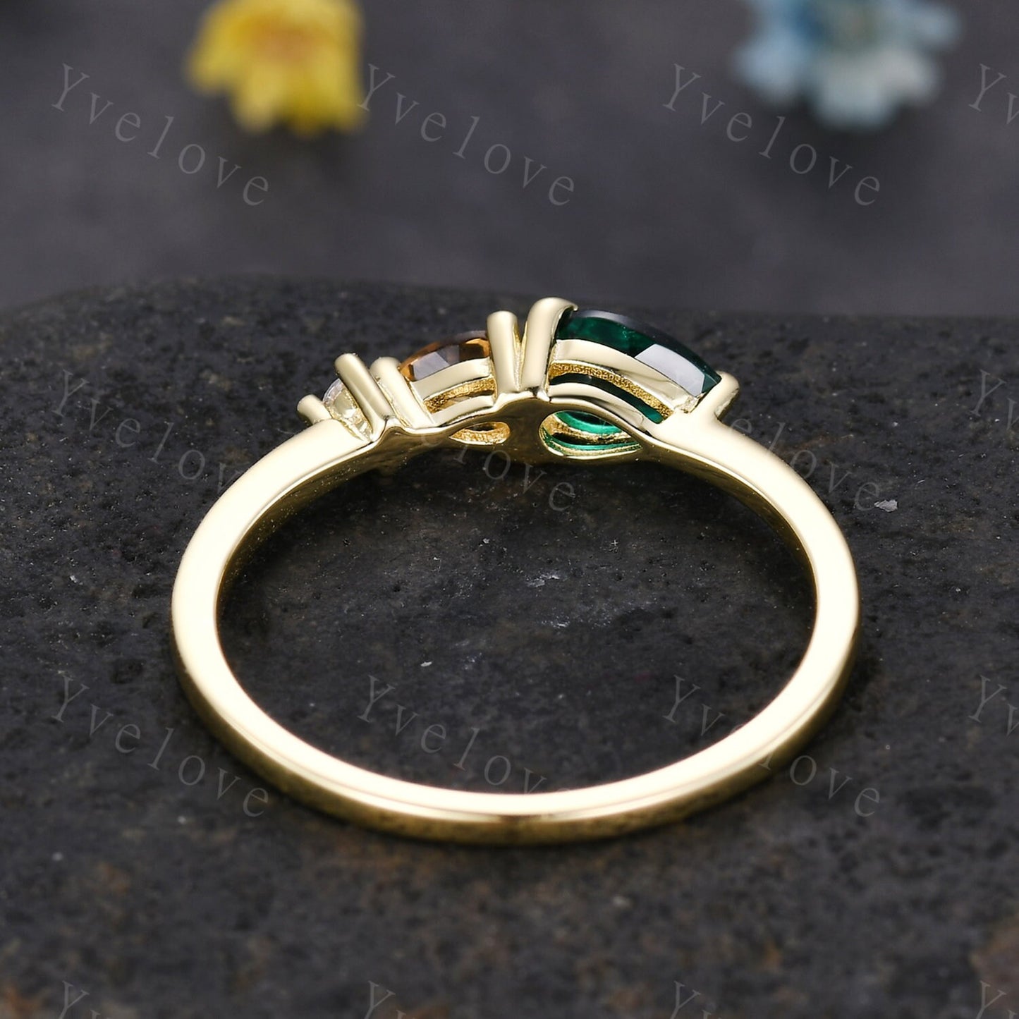 Vintage Emerald Citrine Engagement Ring,Pear Cut Gems,Art Deco Diamond Wedding Band,3 Stone Unique Women Bridal Promise Ring,Customized Gift
