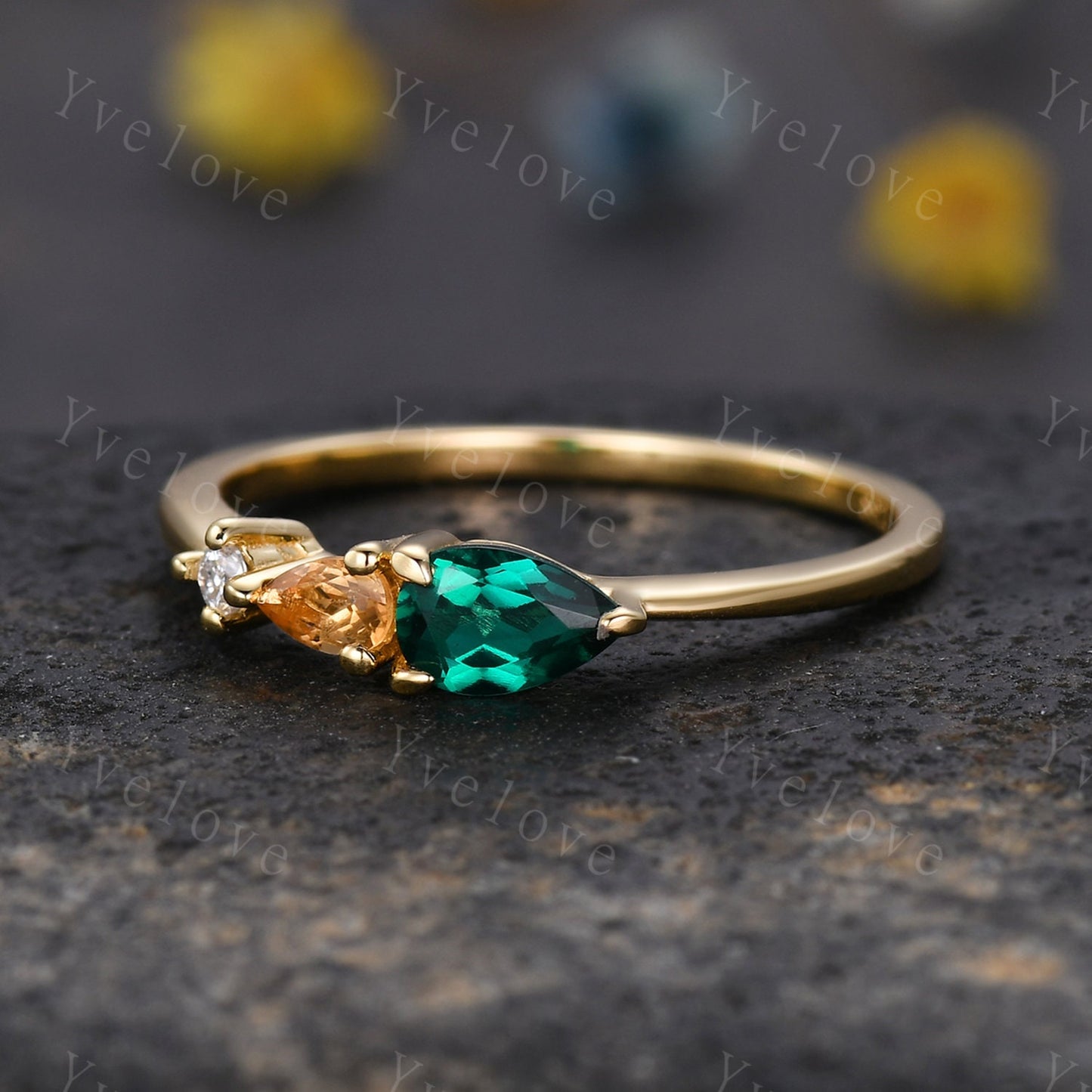 Vintage Emerald Citrine Engagement Ring,Pear Cut Gems,Art Deco Diamond Wedding Band,3 Stone Unique Women Bridal Promise Ring,Customized Gift