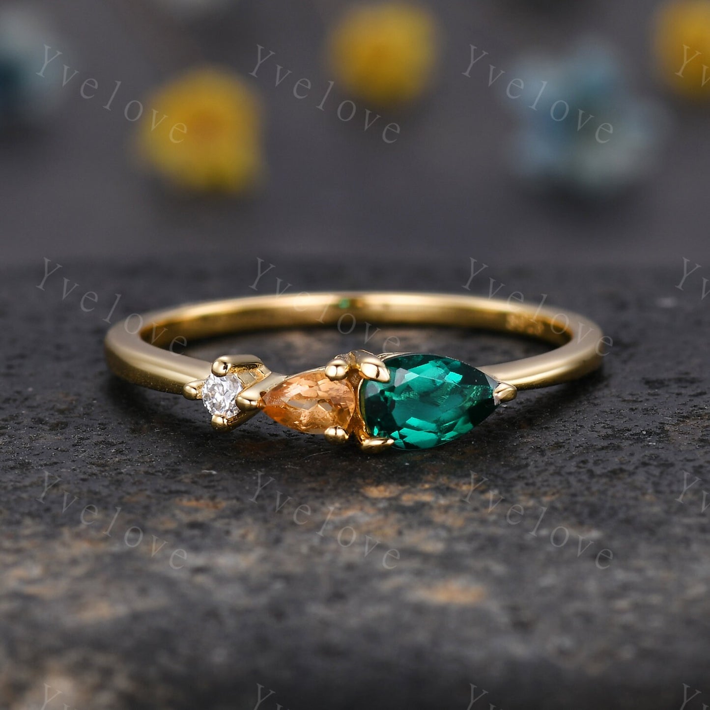 Vintage Emerald Citrine Engagement Ring,Pear Cut Gems,Art Deco Diamond Wedding Band,3 Stone Unique Women Bridal Promise Ring,Customized Gift