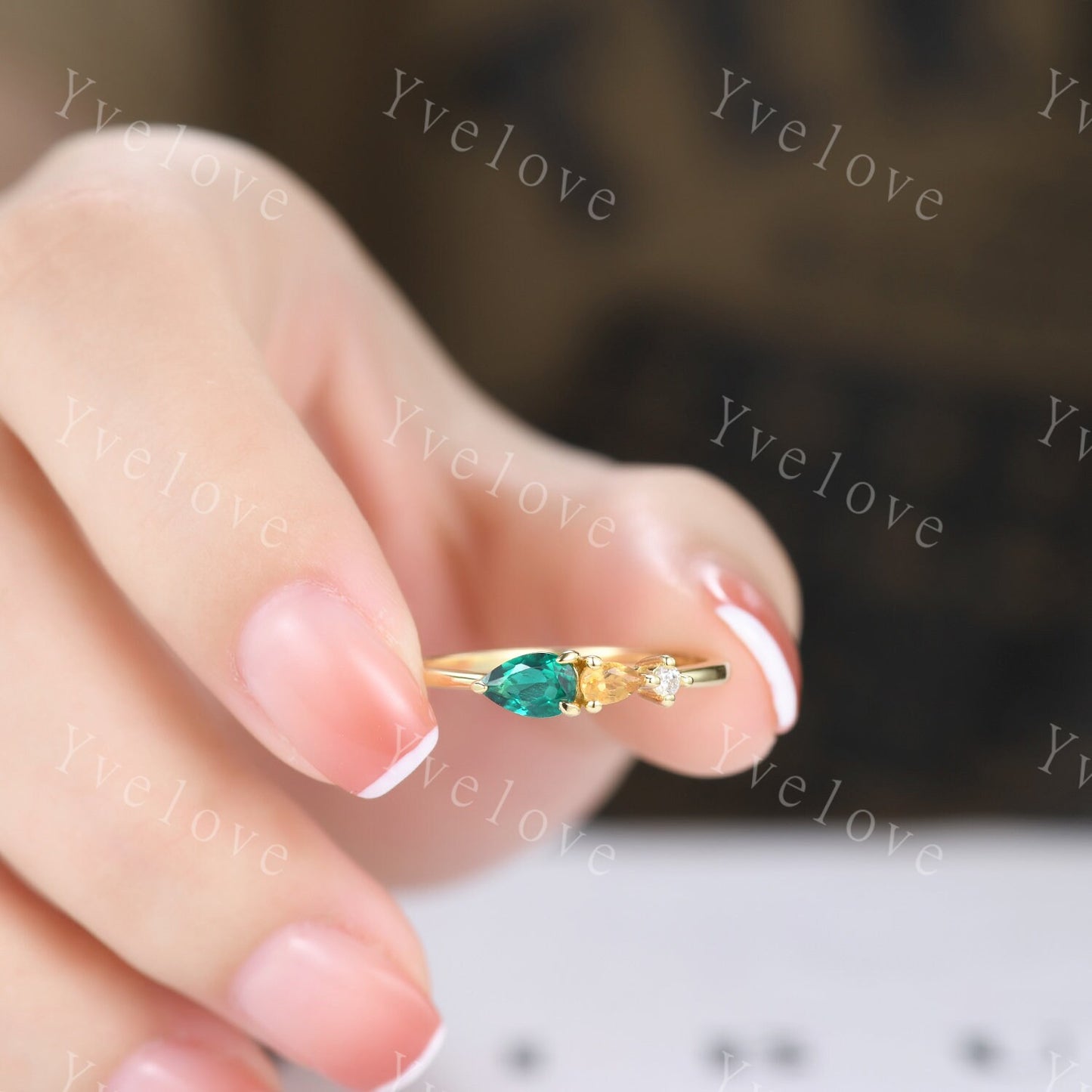 Vintage Emerald Citrine Engagement Ring,Pear Cut Gems,Art Deco Diamond Wedding Band,3 Stone Unique Women Bridal Promise Ring,Customized Gift