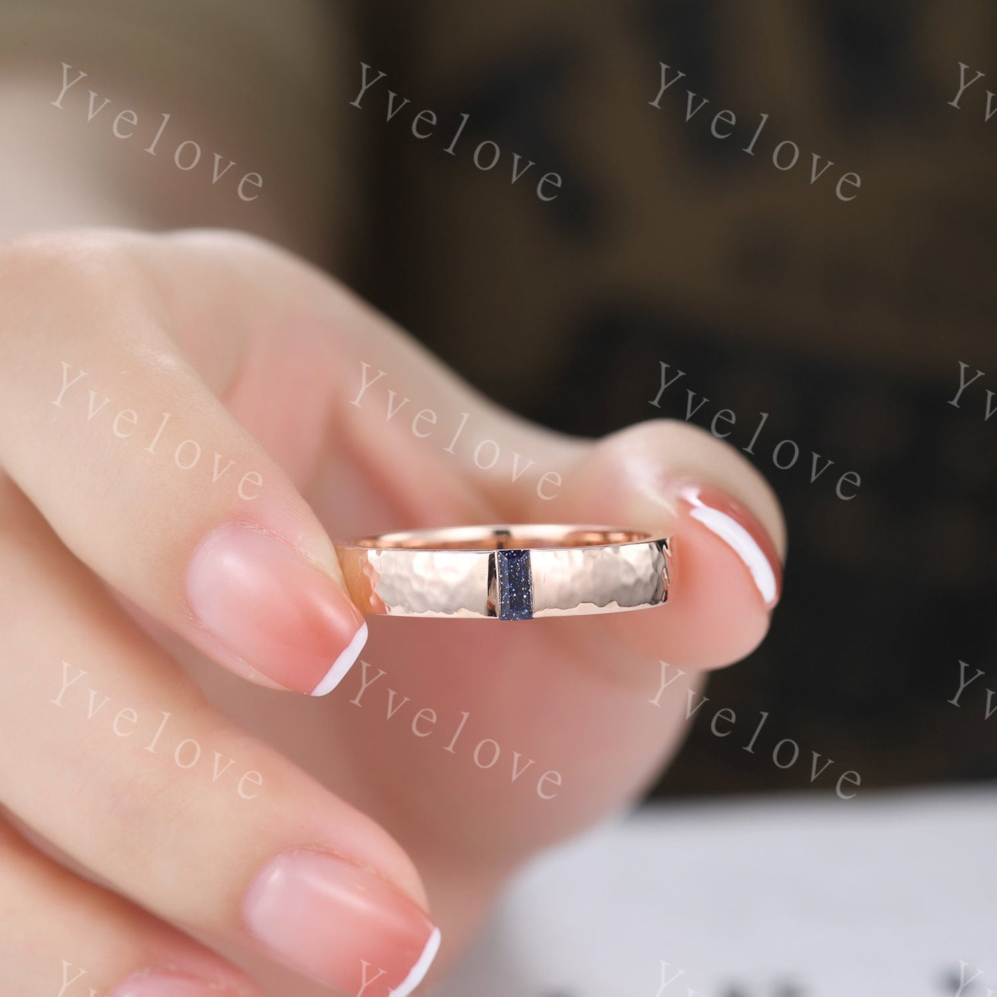 Mens Sandstone Wedding Band Baguette Cut Blue Sandstone Band 5mm Rose God Ring Mens Hammered Stacking Matching Band Retro Vintage Ring Gift