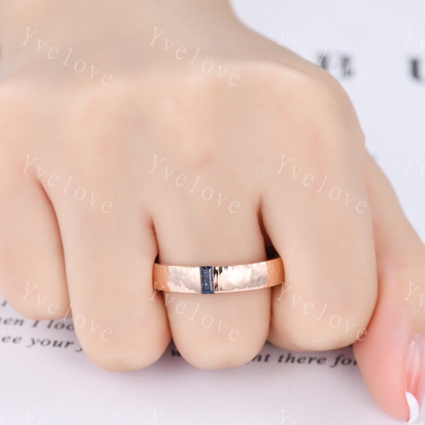 Mens Sandstone Wedding Band Baguette Cut Blue Sandstone Band 5mm Rose God Ring Mens Hammered Stacking Matching Band Retro Vintage Ring Gift