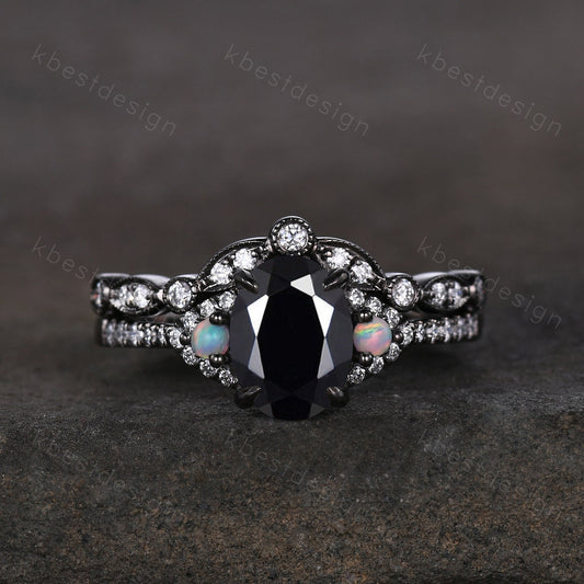 Vintage oval cut black onyx engagement ring unique rhodium black gold moissanite wedding ring set art deco bridal promise ring