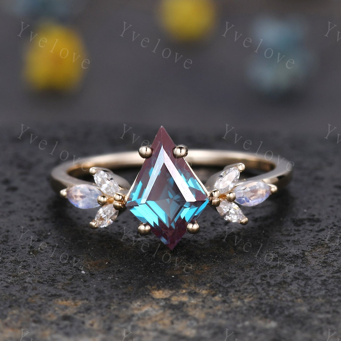 Art Deco Kite Alexandrite Engagement Ring,Unique Bridal Ring,Marquise Moonstone Ring,Moissanite Ring For Women,Rose Gold Band Silver Ring