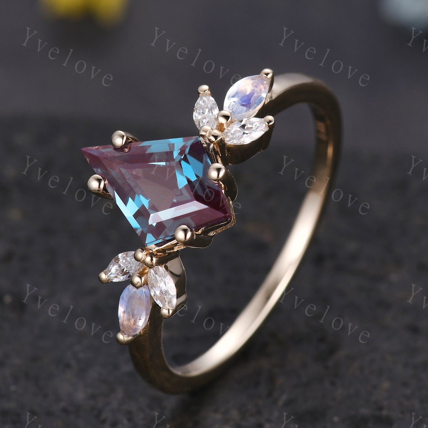 Art Deco Kite Alexandrite Engagement Ring,Unique Bridal Ring,Marquise Moonstone Ring,Moissanite Ring For Women,Rose Gold Band Silver Ring