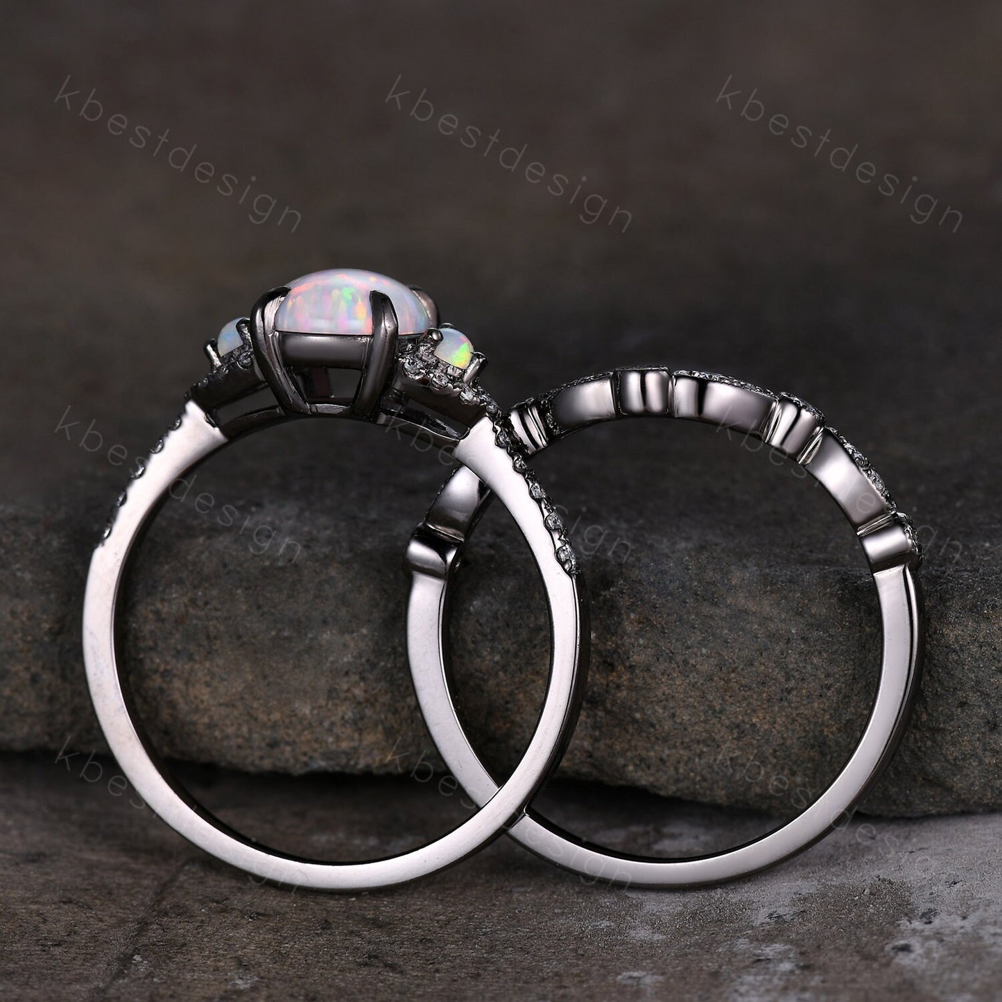 Vintage Blue Sandstone Engagement Ring set Unique Black Gold Oval cut Bridal set Art deco wedding band moissanite promise anniversary rings