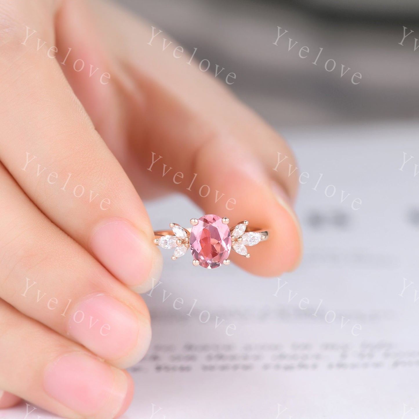 Natural Pink Tourmaline Engagement Ring,14k Rose Gold Marquise Moissanite Band,October Birthstone Ring,Art Deco Promise Anniversary Gift