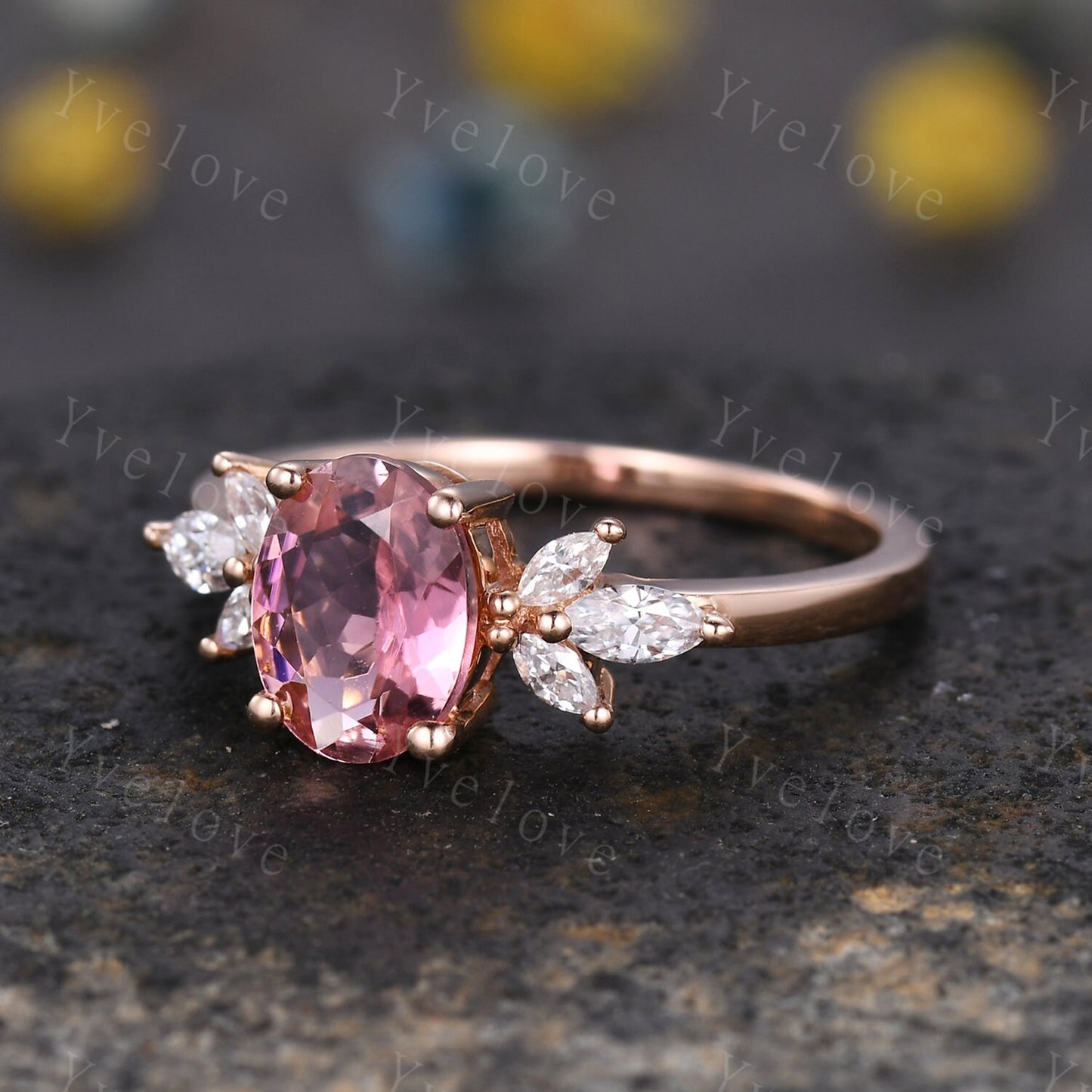 Natural Pink Tourmaline Engagement Ring,14k Rose Gold Marquise Moissanite Band,October Birthstone Ring,Art Deco Promise Anniversary Gift