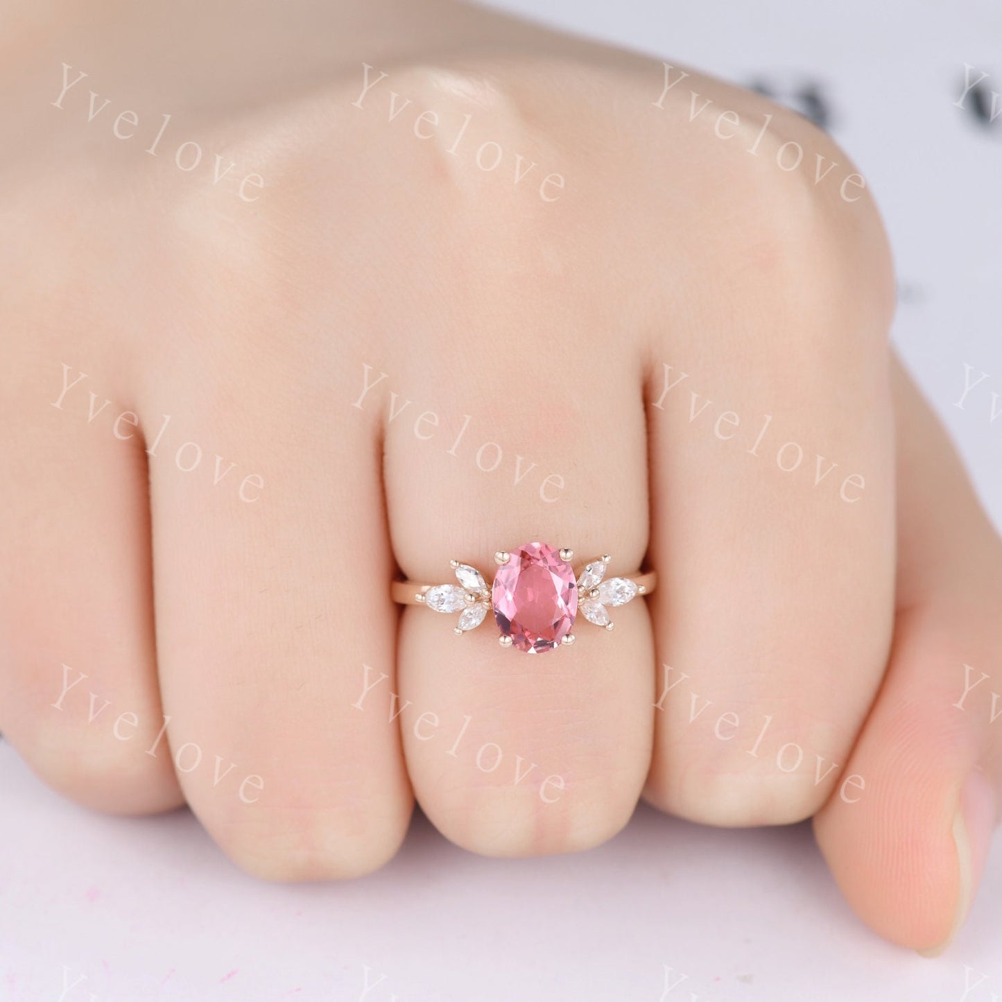 Natural Pink Tourmaline Engagement Ring,14k Rose Gold Marquise Moissanite Band,October Birthstone Ring,Art Deco Promise Anniversary Gift