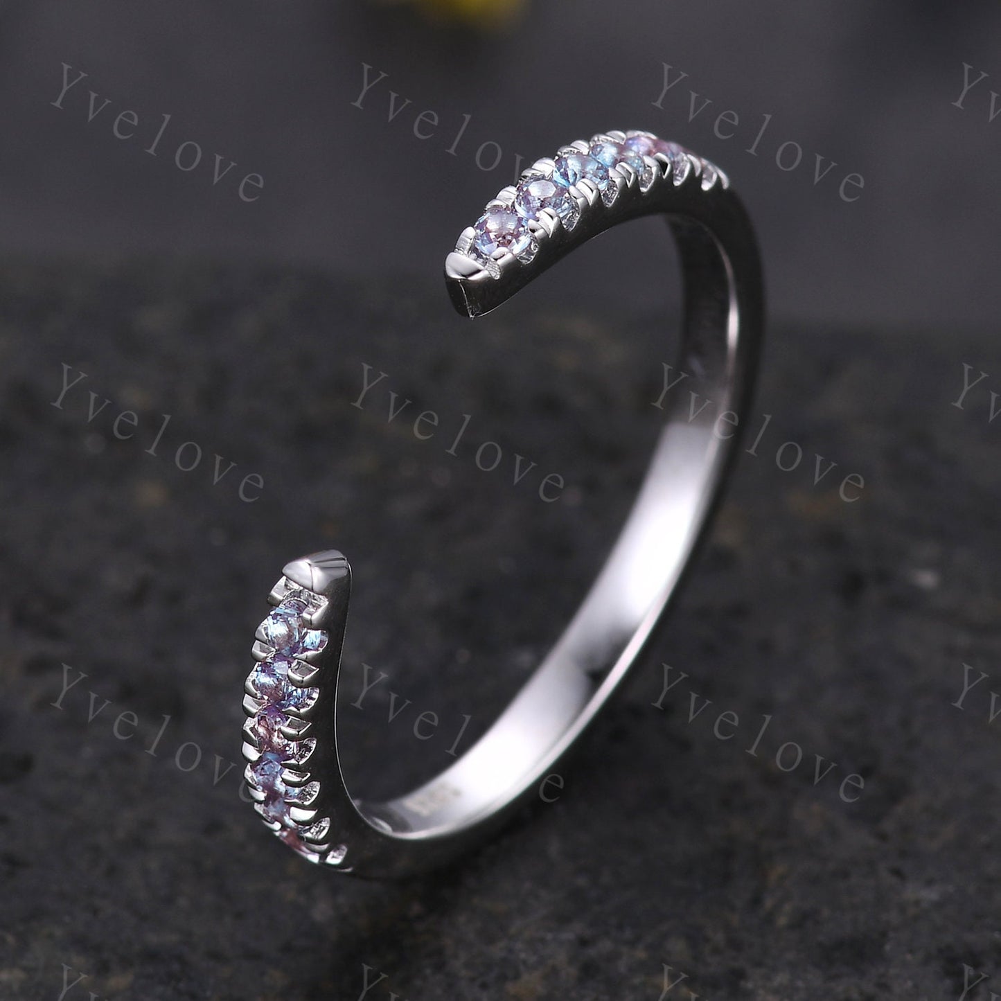 Unique Alexandrite Open Gap Ring,Open End Claw Wedding Band 14K White Gold Alexandrite Wedding Band Stackable Band Matching Ring for Her