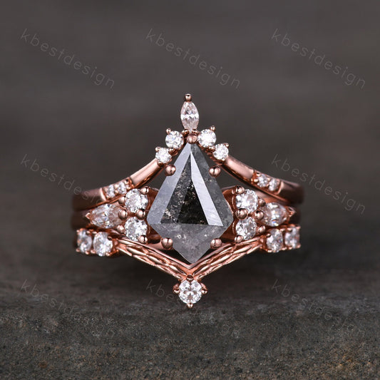 Vintage salt and pepper diamond engagement ring rose gold rings art deco curved moissanite stacking band hexagon shaped bridal wedding set