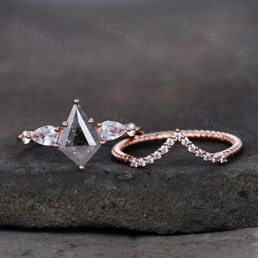 Kite cut salt and pepper diamond engagement ring set unique art deco moissanite wedding ring rose gold ring vintage bridal wedding ring set