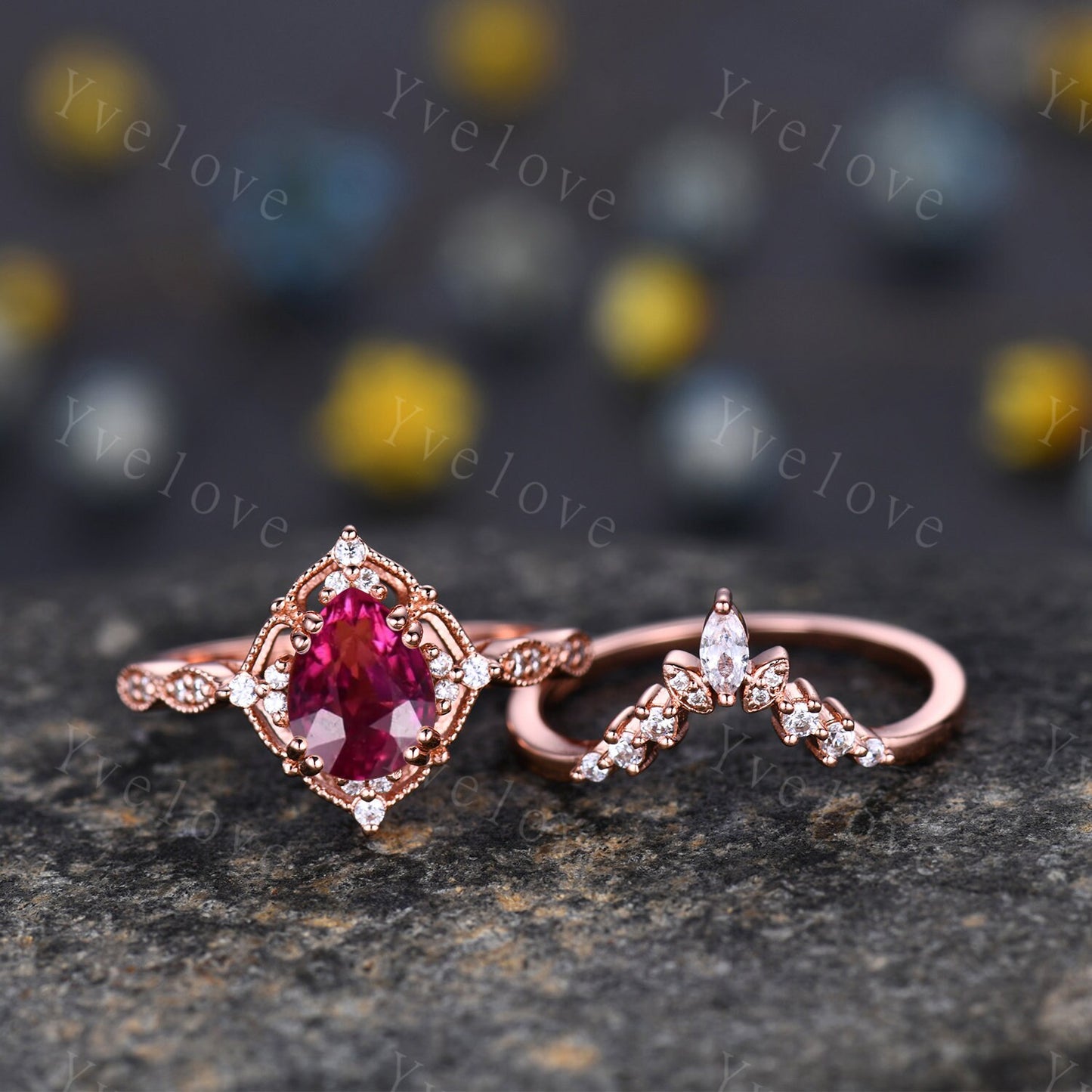 Vintage Red Tourmaline Engagement Ring Set,Pear Tourmaline Bridal Set,V Curved Diamond Stacking Band,Solid Gold Women Ring Gift For Her