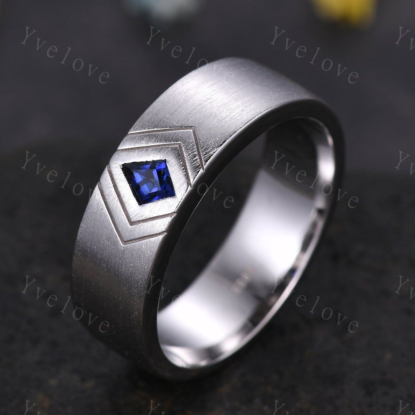 7mm Solid Gold Mens Kite Cut Blue Sapphire Wedding Band Sapphire Engagement Ring Brushed Finished Band Mens Stacking Band His Wedding band