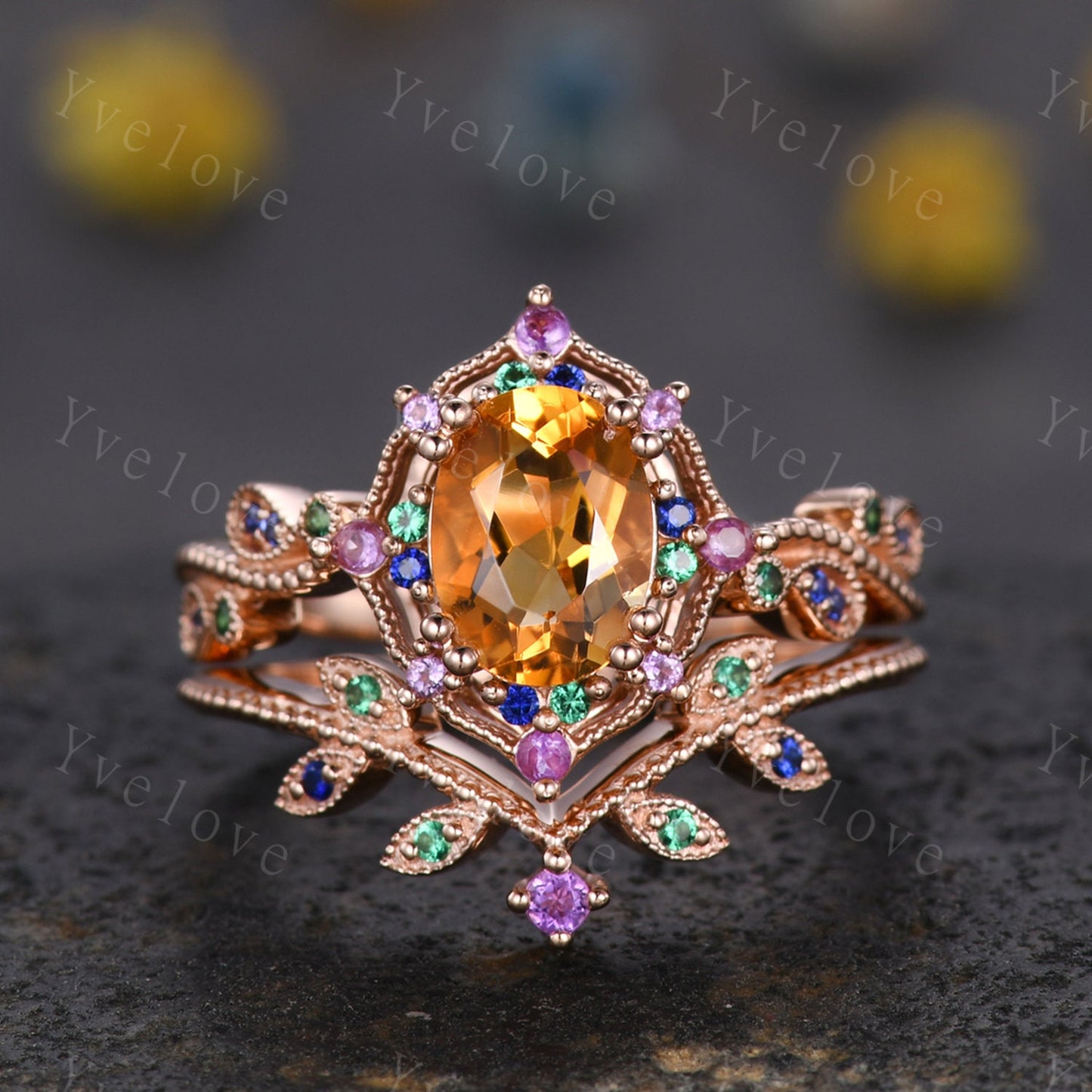 Citrine ring set art deco rose gold engagement ring amethyst sapphire emerald wedding band vintage cluster ring women anniversary ring gift