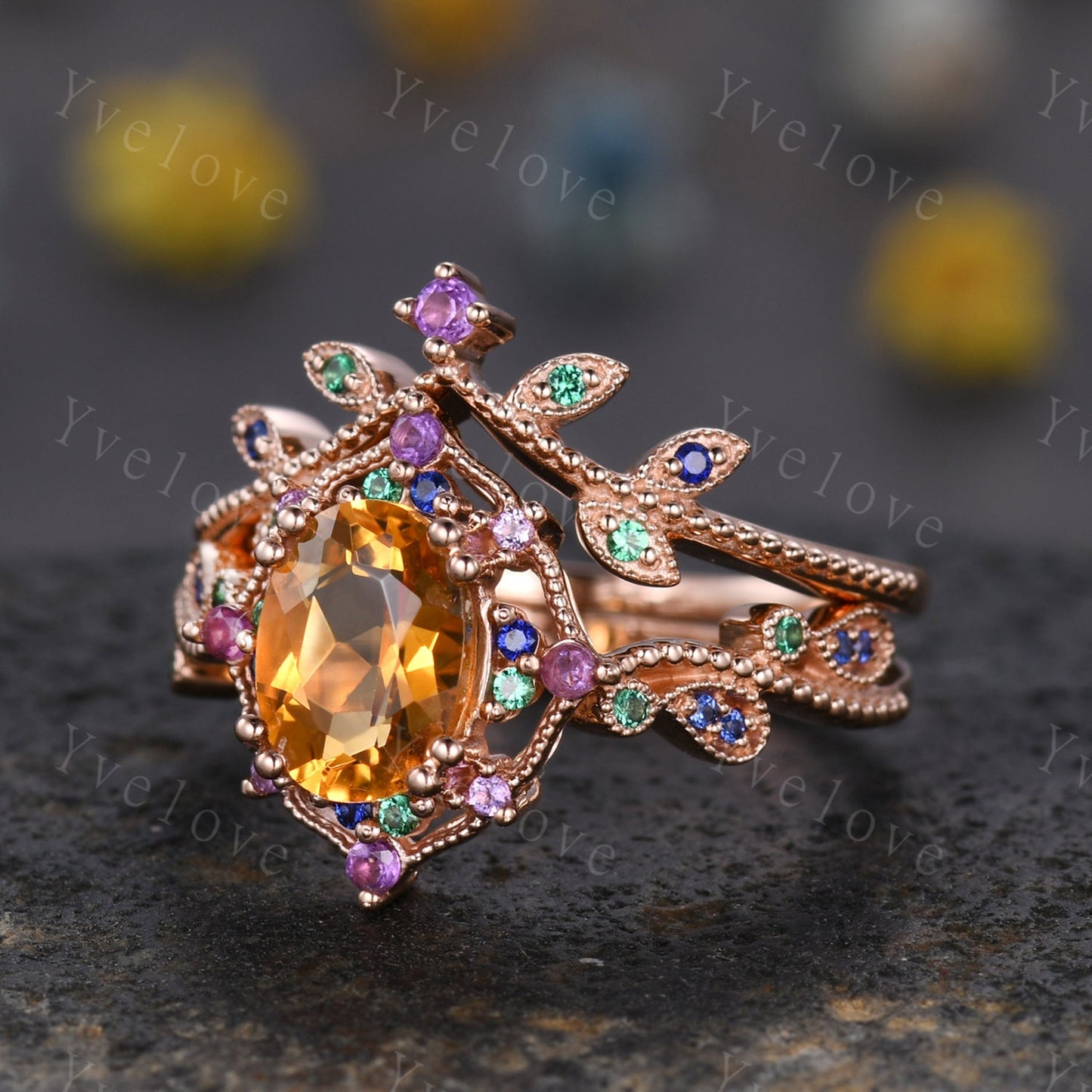 Citrine ring set art deco rose gold engagement ring amethyst sapphire emerald wedding band vintage cluster ring women anniversary ring gift