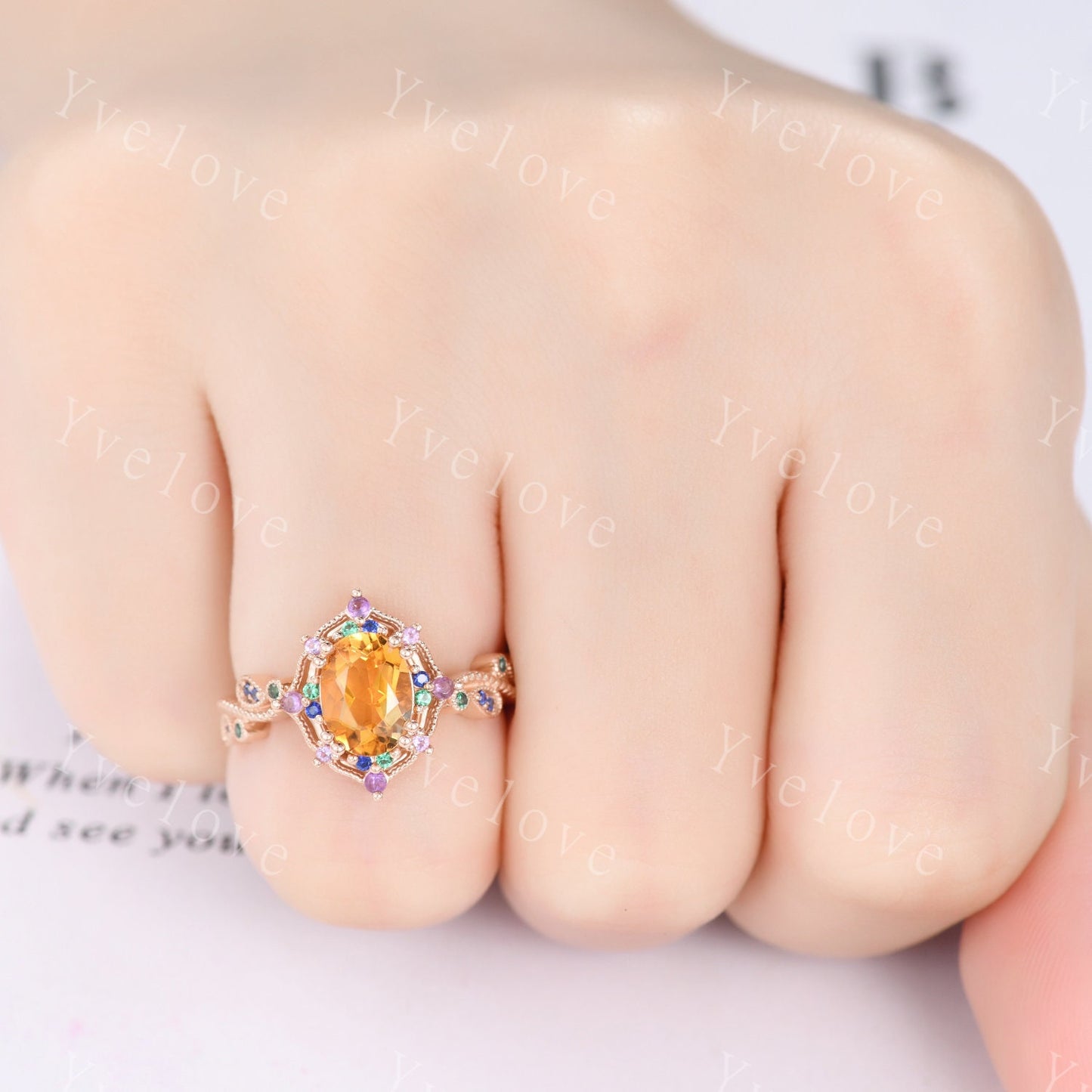 Citrine ring set art deco rose gold engagement ring amethyst sapphire emerald wedding band vintage cluster ring women anniversary ring gift