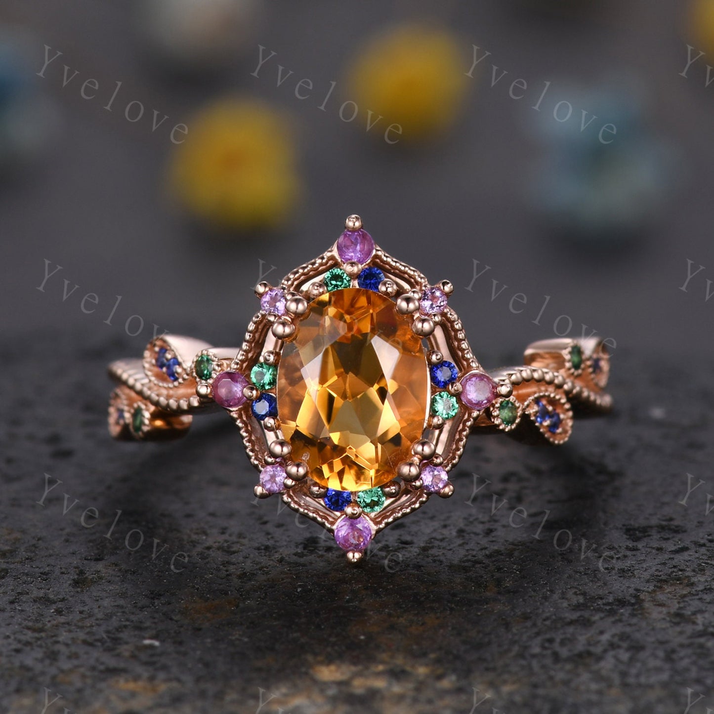 Oval citrine ring art deco engagement ring rose gold amethyst sapphire emerald wedding band vintage cluster ring women anniversary gift