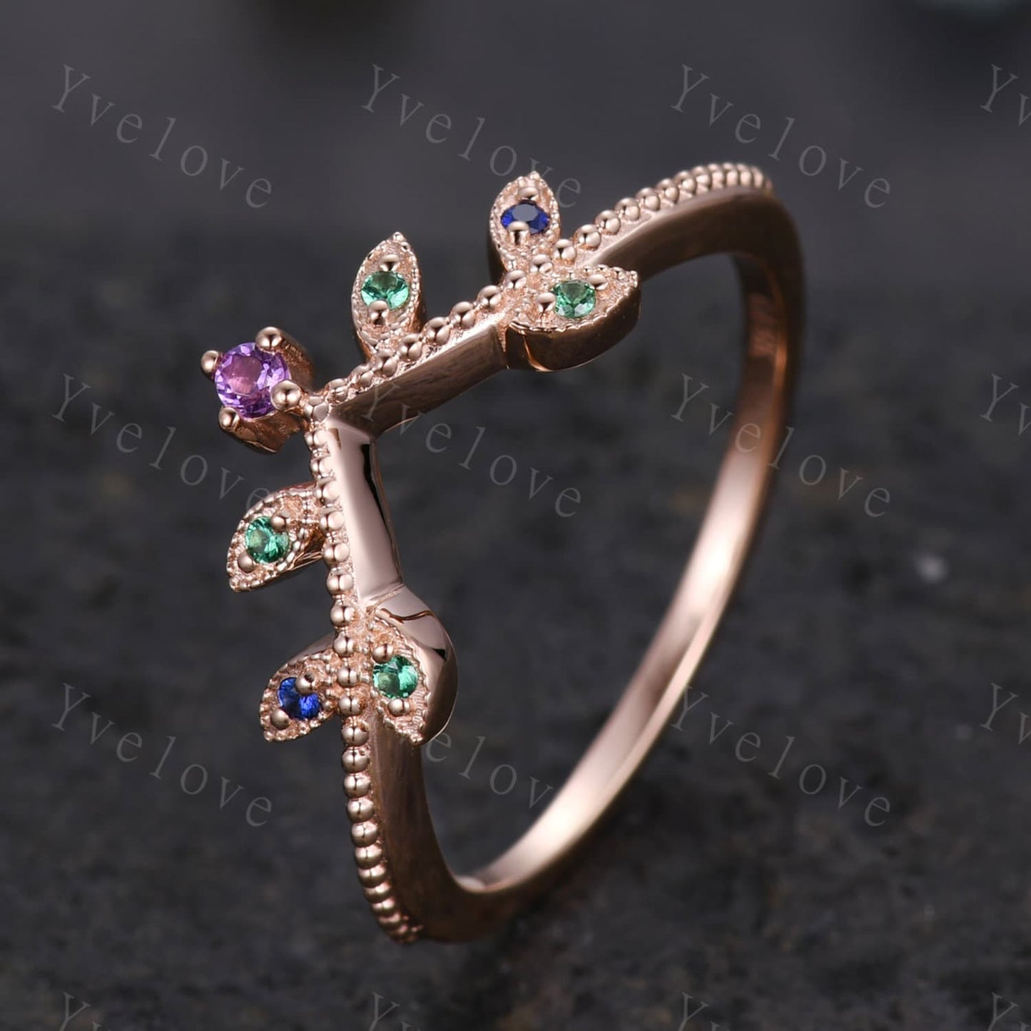 Amethyst Leaf Engagement Ring,Emerald Matching Band,Women Sapphire Band,Art Deco V Curved Milgrain Wedding Band,14K Rose Gold Gift For Her