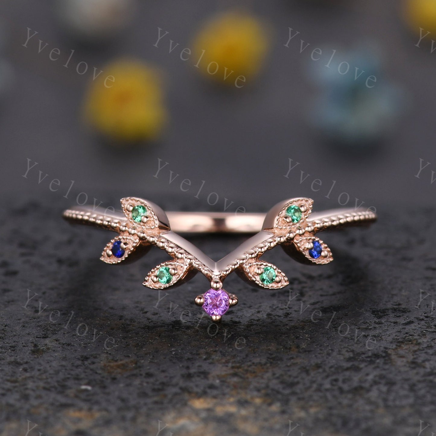 Amethyst Leaf Engagement Ring,Emerald Matching Band,Women Sapphire Band,Art Deco V Curved Milgrain Wedding Band,14K Rose Gold Gift For Her