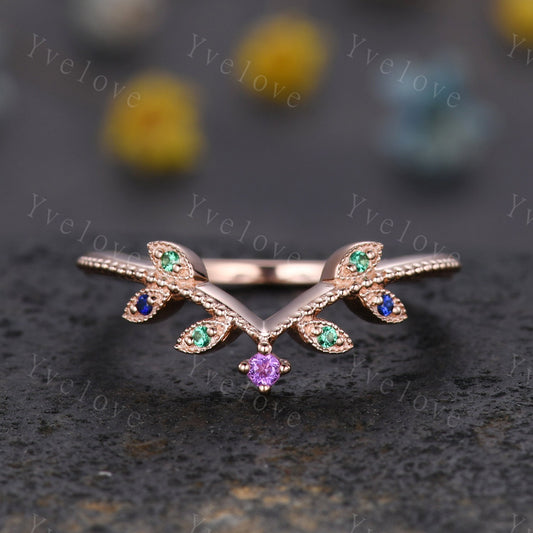Amethyst Leaf Engagement Ring,Emerald Matching Band,Women Sapphire Band,Art Deco V Curved Milgrain Wedding Band,14K Rose Gold Gift For Her