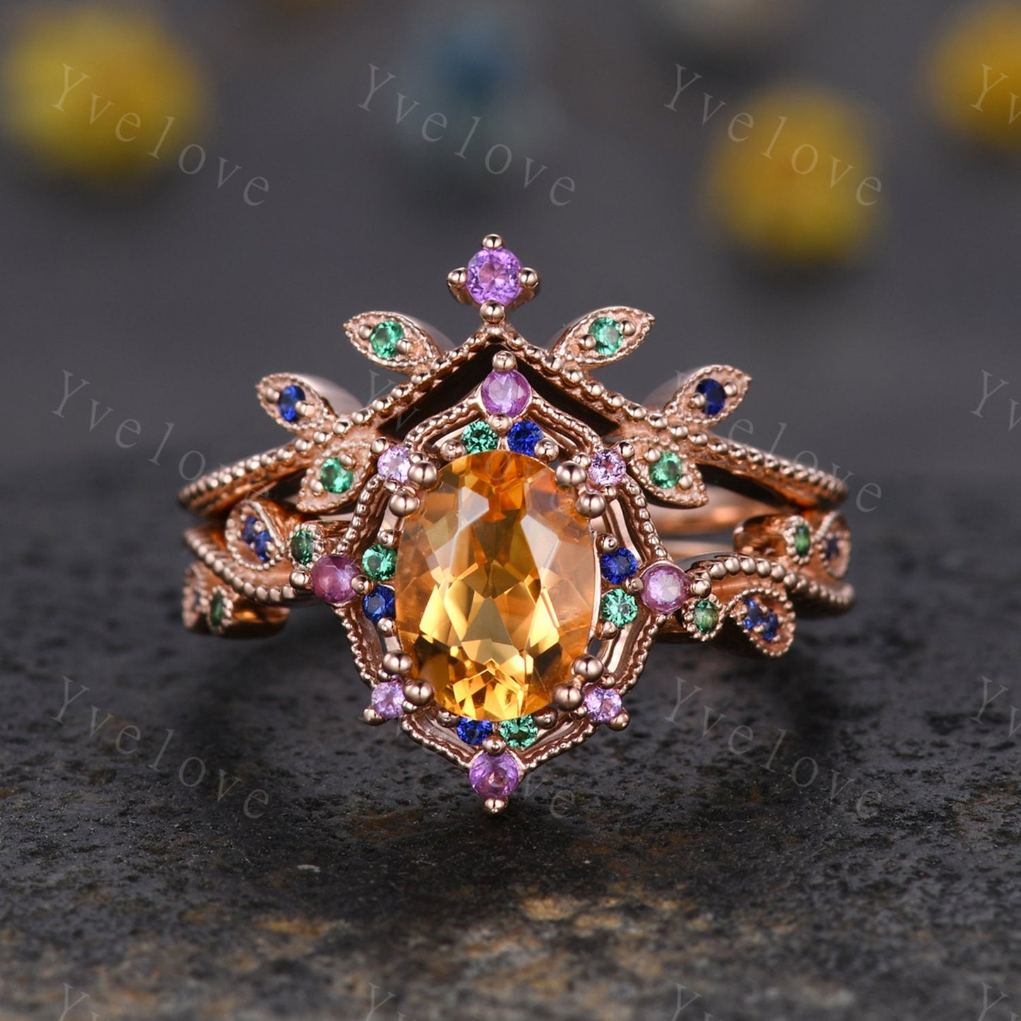 Amethyst Leaf Engagement Ring,Emerald Matching Band,Women Sapphire Band,Art Deco V Curved Milgrain Wedding Band,14K Rose Gold Gift For Her