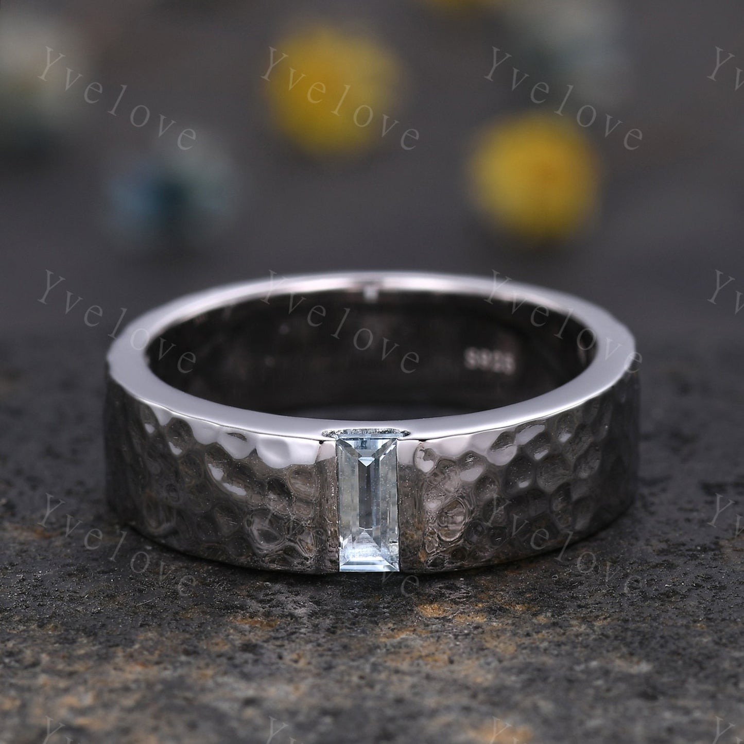 6mm Mens Blue Aquamarine Wedding Band Baguette Shaped Band Solid Gold Ring Mens Hammered Stacking Matching Band Retro Vintage Ring Gift