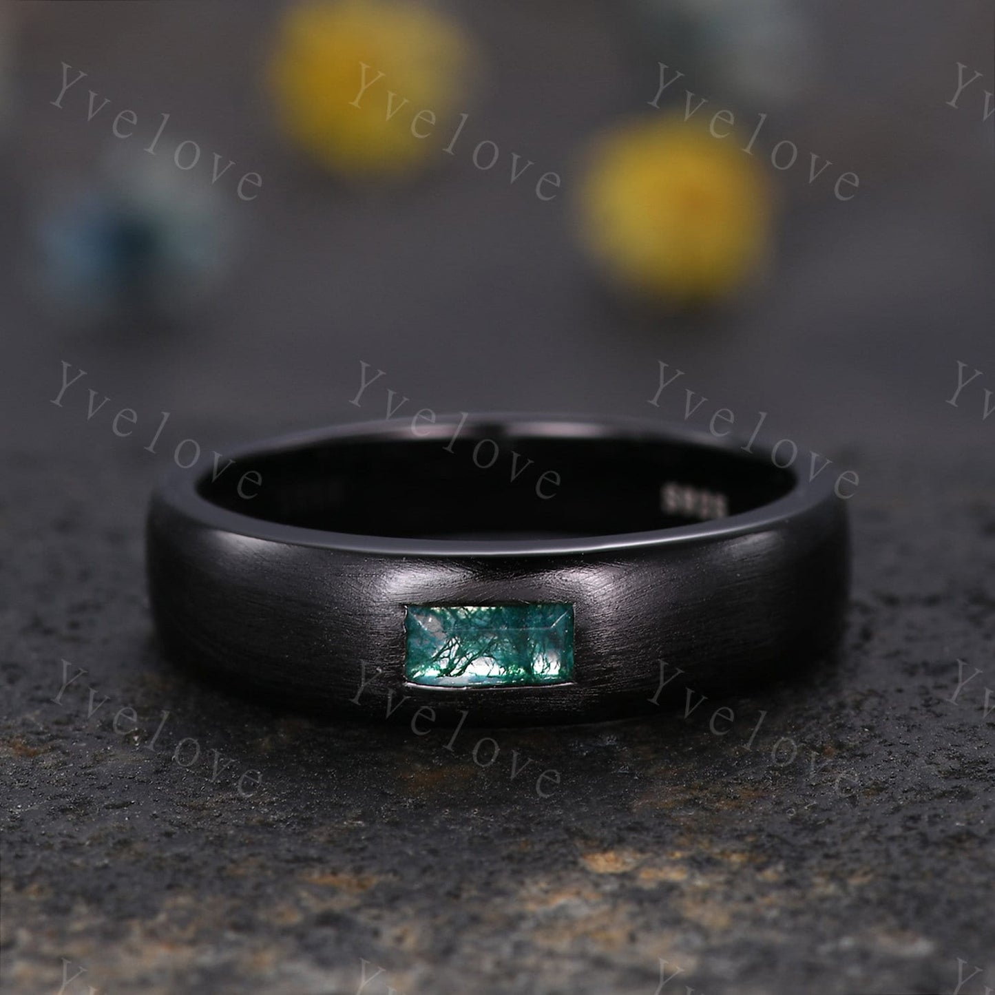 Mens Moss Agate Wedding Band Baguette Cut Natural Agate Band 5mm Black Gold Ring Mens Matte Stacking Matching Band Retro Vintage Ring Gift